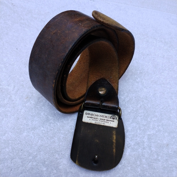 Vintage 70s KWAKIUTL RAVEN BIRD TOTEM SOLID BRONZE Buckle+Genuine Leather Belt - Picture 2 of 9